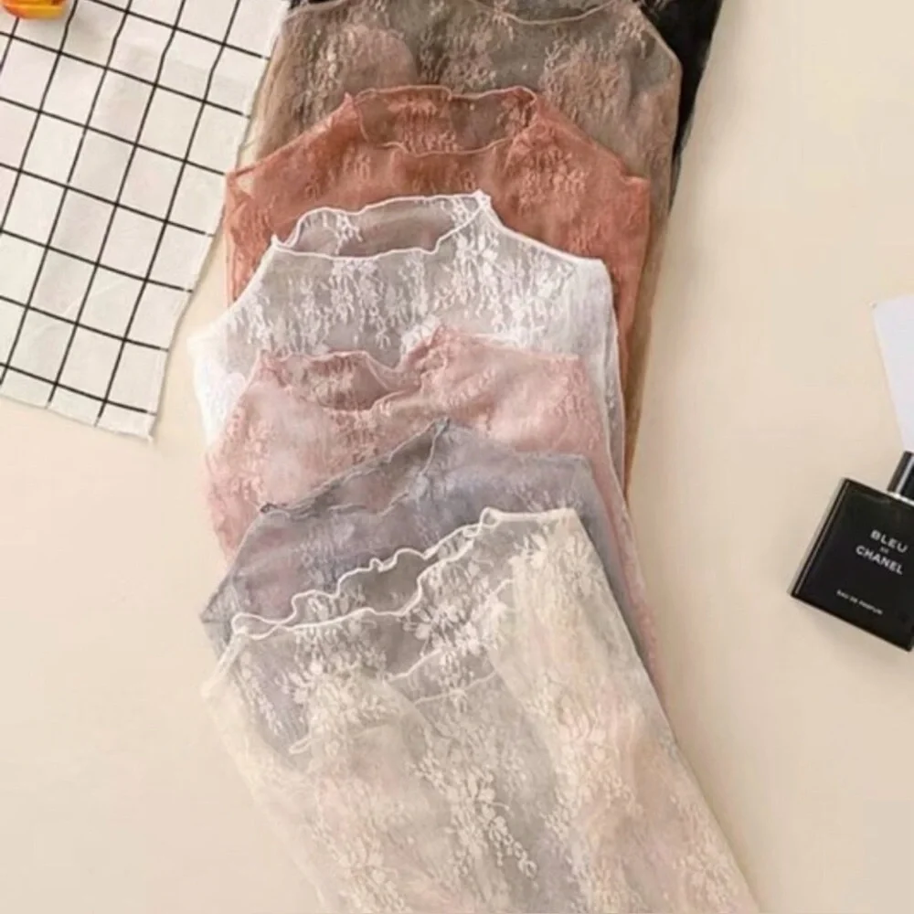 Lace Mesh Sheer Mock Top Floral Layering Stretchy Tan NEW - Picture 5 of 5